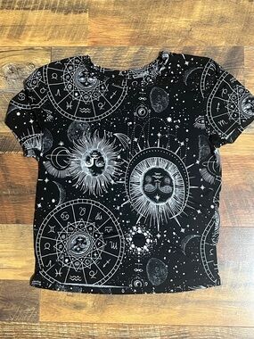 Black Celestial Graphic Tee with All-Over Star & Zodiac Print